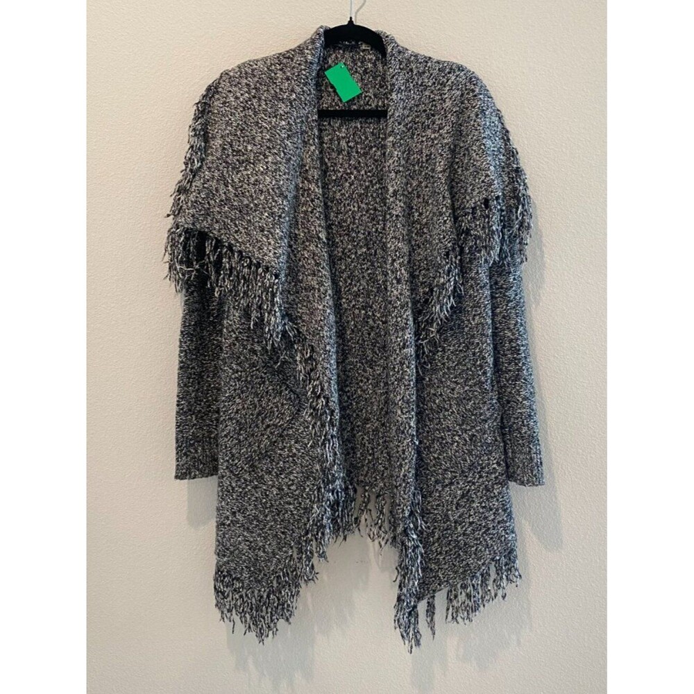 Black Tape Fringe Open Cardigan Medium Black White Marled Knit with Pockets.